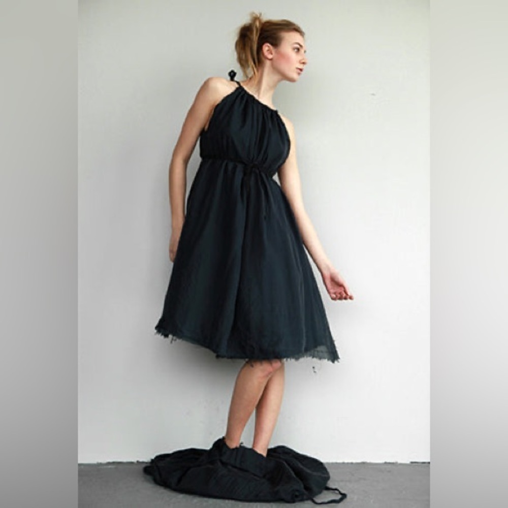 PIP-SQUEAK CHAPEAU Nisse Off Black Silk Distressed Dress One Size VGUC